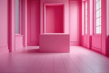 Poster - Minimalist bright pink empty room with textured walls and natural light