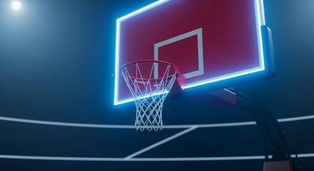 Poster - Close-up of basketball hoop with neon blue light, red backboard, and white net, set against a dark court background, showcasing a sporty, energetic atmosphere, ideal for sports themes