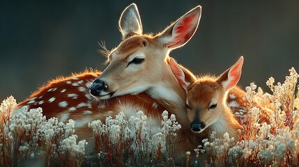 Canvas Print -   A pair of deer resting atop a field of tall grass adorned with white blossoms