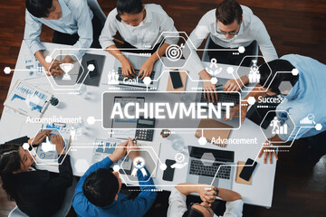 Aufkleber - Aerial view of a diverse team collaborating in a modern office, focusing on business achievement and success while utilizing technology and communication tools. Amity