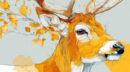 Canvas Print -   A close-up of a deer's head with a tree in the background, featuring yellow leaves on the branches