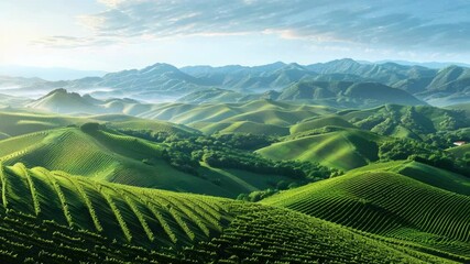 Aufkleber - Scenic view of a peaceful valley with rolling hills in the background, suitable for travel or nature-themed projects