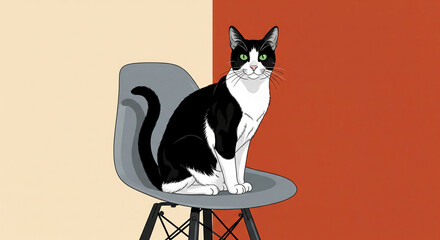 Poster - Black and white cat sitting on gray chair against beige and orange background  Illustrative style, showcasing elegance and pet companionship