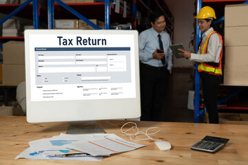 Poster - Online tax return form for submitting individual income tax return form snugly on the internet website. Government web for tax payment and return. Taxation technology concept.