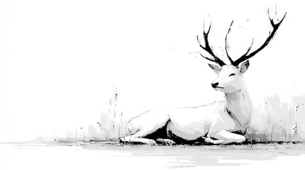 Canvas Print -   A monochrome image of a deer resting on the ground, with its antlers visible against the background