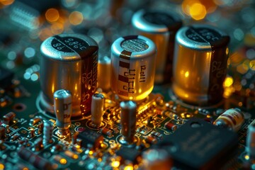 Poster - Close up of capacitors and resistors on a pcb, bathed in warm, inviting light