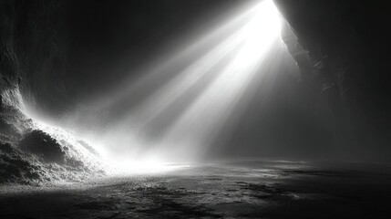 Wall Mural - a monochrome image captures a beam of light emerging from a cavern, reflecting on water beneath towe