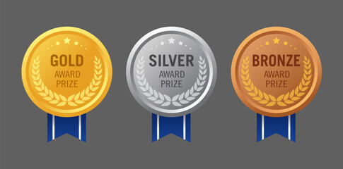 Wall Mural - Gold, Silver, Bronze medals set. Vector realistic badge with First, Second, Third placement Achievement. Round emblem With laurel wreath. Winner Prize. Competition Trophy
