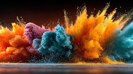 Wall Mural -   A vibrant burst of pigments against a black backdrop, accompanied by mirrored water and sunlight reflections below