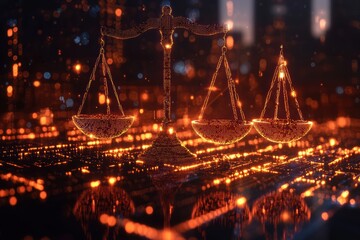 Poster - Digital scales of justice surrounded by futuristic glowing computer lights