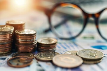 Poster - Stacks of coins on financial documents with eyeglasses and sunlight, symbolizing investment, finance, and economic growth
