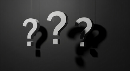 Fototapete - Three gray question marks hang against a dark background, casting shadows, symbolizing uncertainty, inquiry, or the search for answers