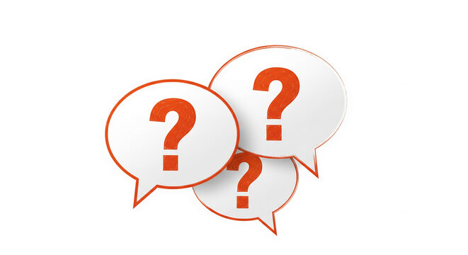 Three orange question marks in white speech bubbles, overlapping on white background, representing inquiry, question, doubt, or FAQ concept
