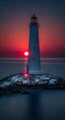 Poster - White lighthouse on rocky coast at sunset, red sun partially obscured, conveying guidance, hope, and serenity