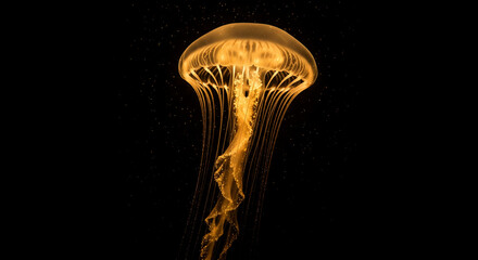 Poster - Golden jellyfish against black background, glowing tentacles, ocean creature, elegant, ethereal, marine life, underwater scene, nature photography