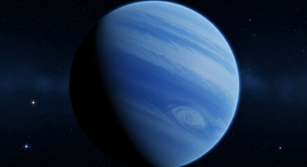 Poster - Blue planet in space, swirling clouds, dark background, stars visible, celestial body, cosmic scene, representing exploration, mystery, vastness