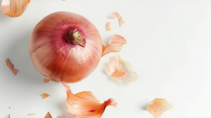 Poster - Fresh red onion on a clean white surface surrounded by delicate petals