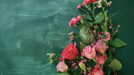 Poster - A bouquet of pink flowers sits atop a green chalkboard, perfect for decorating or adding a touch of color to any space