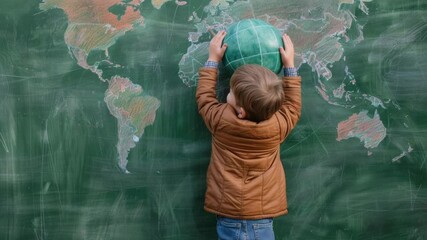 Poster - A young boy holds a green ball in front of a blackboard, perfect for education and learning concepts