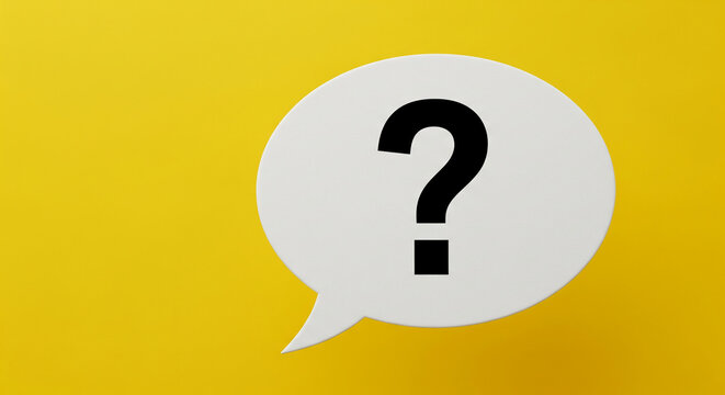 White speech bubble on yellow background, featuring black question markÂ This symbolizes inquiry, questions, and uncertainty, suitable for FAQ pages or help sections