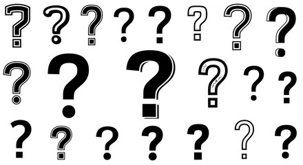 Fototapete - Collection of black question marks, varying in style and size, on white background, symbolizing inquiry, doubt, or uncertainty, suitable for educational or design purposes