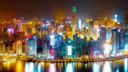 Aufkleber - A view of a large city's skyline at night with bright lights and busy streets