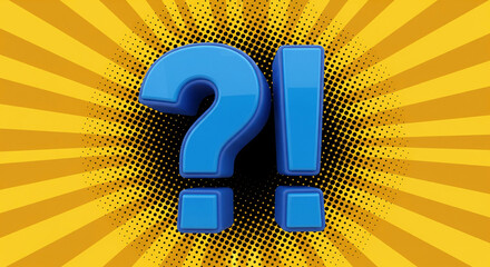 Fototapete - Blue question and exclamation marks on yellow radial background with halftone dots, showcasing inquiry and surprise, ideal for design or communication concepts