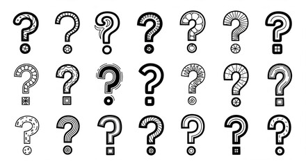 Poster - Collection of diverse question mark designs, each with unique patterned texture, representing curiosity, inquiry, and problem-solving, ideal for educational or design projects
