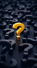 Fototapete - Gold question mark stands out among numerous black question marks, symbolizing unique solution or finding answers, problem-solving concept
