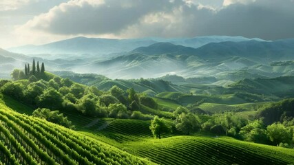 Poster - Serene landscape photo of a green valley with rolling hills and tree-lined terrain