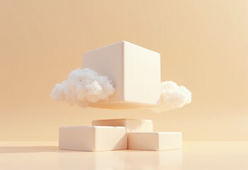Poster - Floating White Cubes Surrounded by Soft Clouds Against a Warm Background