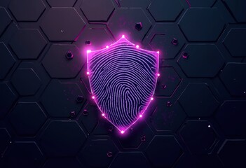 Poster - Digital Shield with Fingerprint Design on Hexagonal Background