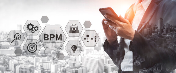 Poster - Business Process Management concept showing workflow analysis, process optimization, team collaboration, automation, and performance improvement Vouch