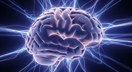 Poster - Detailed 3D render of human brain, glowing with energy, surrounded by light trails, showcasing neural activity and cognitive power