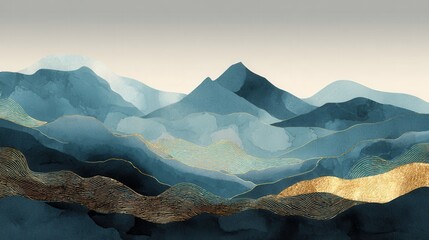 Poster - Mountain background vector. Minimal landscape art with watercolor brush and golden line art texture. Abstract art wallpaper for prints, Art Decoration, wall arts and canvas prints. , no logos, no bra