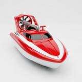 A toy speedboat in red and white, sleek plastic look, white background