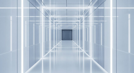 Aufkleber - Bright, minimalist hallway with reflective walls and floor, illuminated by linear lights, creating a futuristic, clean aesthetic, ideal for modern design showcase