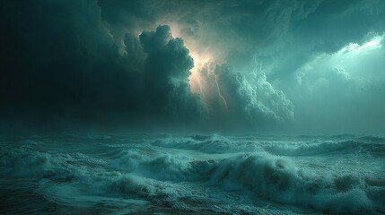 Wall Mural -  Stormy sky over water with boat in fg and birds in distance