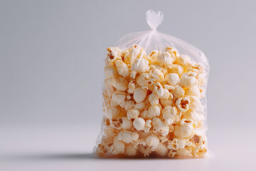 Poster - Bag of Popcorn: Ready to Enjoy a Classic Snack. The salty treat is visible through its transparent container, hinting at a movie night.