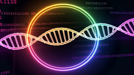 DNA strand with binary code, a neon circle, and a dark background