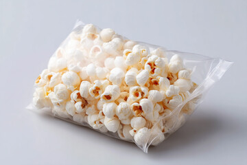 Poster - A clear plastic bag filled with puffy popcorn sits on a simple background, snack time ready. Popped kernels invite a tasty treat.