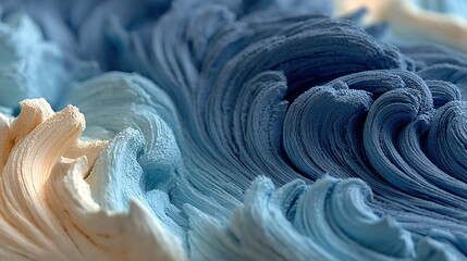 Wall Mural -   A close-up of a blue and white fabric, featuring a wavy design at the bottom The fabric's base color is blue and its upper portion is off white