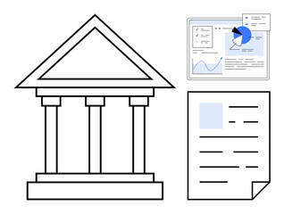 Poster - Government building icon with a data dashboard and document. Ideal for governance, finance, legal, policy analysis, research, public administration, institution, simple landing page