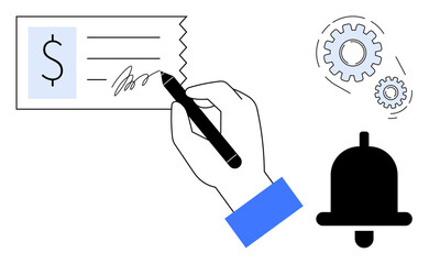 Poster - Hand signing check with dollar symbol, alongside gears and notification bell. Ideal for finance, automation, alerts, productivity, business operations, tasks innovative workflows. Simple flat