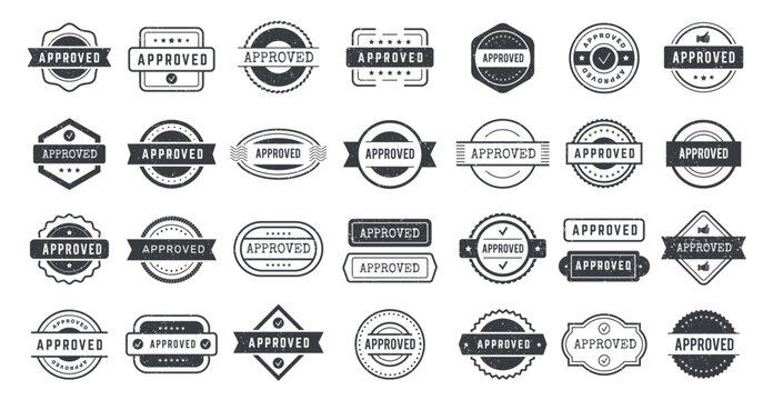 Approved stamp. Grunge textured badges collection for verification acceptance recent vector templates