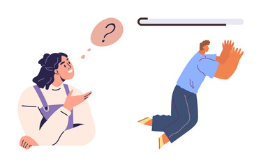Poster - Curious woman thinking with a question bubble. Man leaning on progress bar to recharge energy. Ideal for brainstorming, problem-solving, personal growth, productivity, teamwork, goal-setting, simple