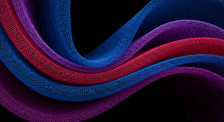 Poster - Abstract image of red, blue, purple fabric waves on black background, showcasing texture and flow, ideal for design or luxury branding