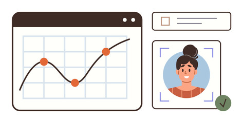 Poster - Graph with trendline, individual profile photo in scanning frame, and verification tick. Ideal for identity verification, biometrics, analytics, user tracking, progress monitoring, authentication
