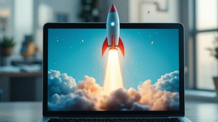 Rocket launch from laptop computer, symbolizing assistant agent autonomy and job automation using futuristic AGI technology for growth. 4k video