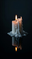 Aufkleber - Burning white candle with melted wax dripping down, reflecting on dark surface, creating atmospheric mood of warmth and tranquility